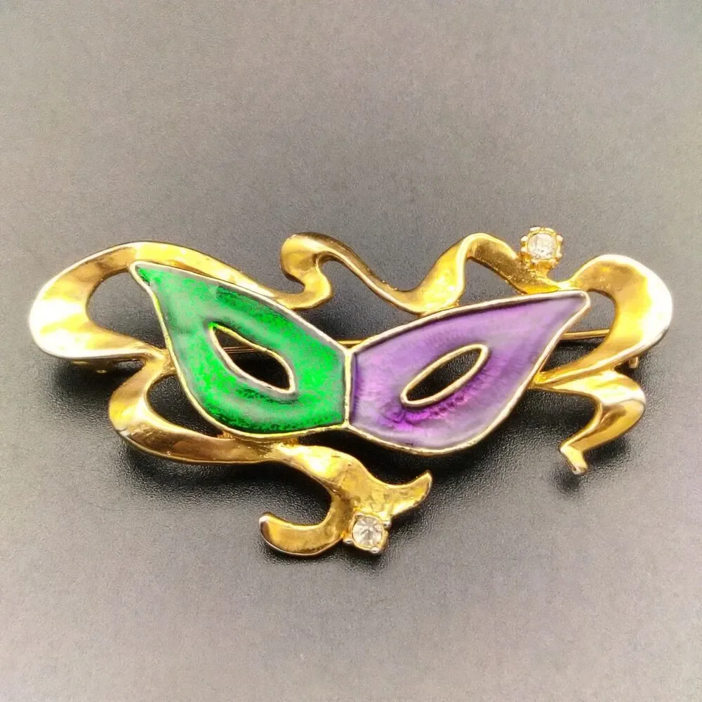 Vintage Gold Tone Mardi Gras Masquerade Mask Brooch Pin Green Purple Enamel
